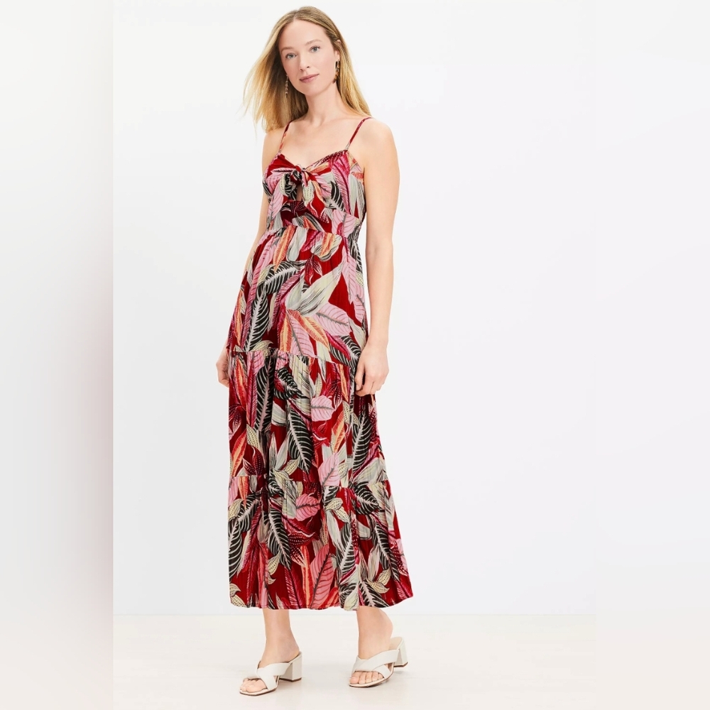 NWT Loft palm tiered tie front keyhole cotton maxi dress Medium/Large
